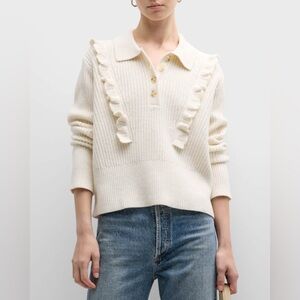 10 Crosby Derek Lam Cream Ruffle Polo-Knit Sweater